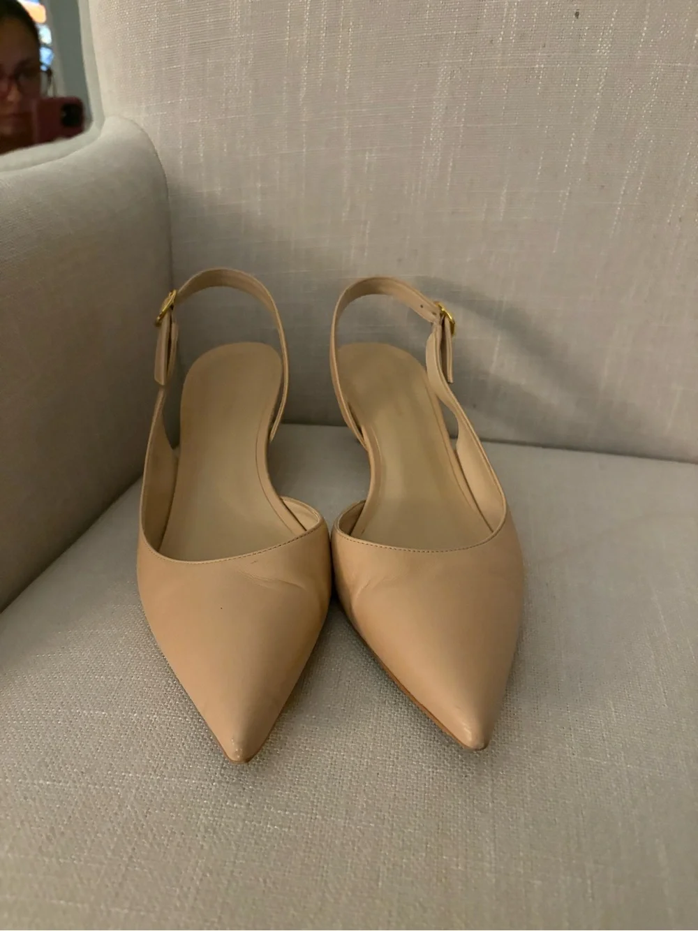 Stuart Weitzman Nude Pointed-Toe Slingback Kitten Heels